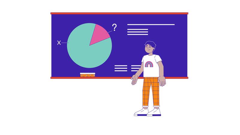 Boy solving math problem at blackboard 2D character animation. School ...