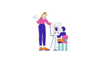Art teacher giving advice to kid about drawing 2D characters animation. Art class cartoon 4K , alpha channel. Easel boy painting, blonde woman schoolteacher animated people on white background video