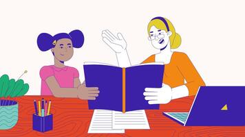 Woman teacher showing book to surprised schoolgirl 2D characters animation. School lesson cartoon 4K , alpha channel. Black girl and caucasian tutor animated people on white background video