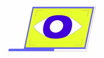 Laptop eye tracking 2D object animation. Digital authorization. Identification technology cartoon 4K , alpha channel. Monitoring surveillance notebook animated flat item on white background video