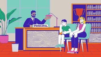 Principal communicating with mother and naughty student cartoon animation. Education 4K 2D motion graphic. School personal and schoolboy parent animated characters on interior background video