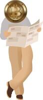 A conceptual illustration of a person reading financial charts with a bitcoin head vector