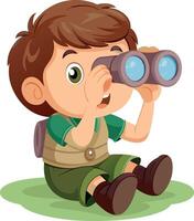 Young explorer sitting and looking through binoculars vector