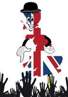 Map of the united kingdom wearing a bowler hat and waving to a cheering crowd vector