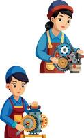 Female mechanic repairing engine with gears and cogs- vector