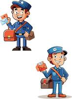 Friendly postman holding envelope and small package wearing uniform and smiling vector