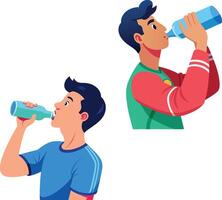 Athletes rehydrating after training session drinking water from bottles vector