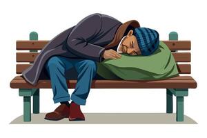 Homeless man sleeping on bench wrapped in blanket- vector