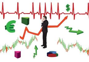 Businessman making decisions in front of candlestick charts, pie charts, line charts and a ekg line vector