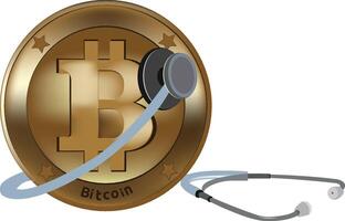 Illustration of a stethoscope examining a golden bitcoin, symbolizing cryptocurrency analysis vector