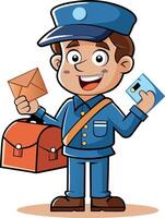 Friendly postman holding envelope and small package wearing uniform and smiling vector