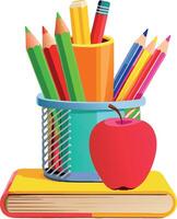 Bright colored pencils in a can sitting on books for school vector