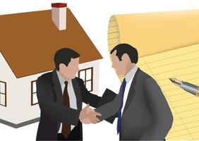 Two businessmen shaking hands in front of house and contract vector