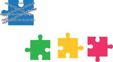 Chained puzzle pieces and colorful unconnected jigsaw vector