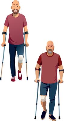 Smiling man with leg brace walking on crutches-