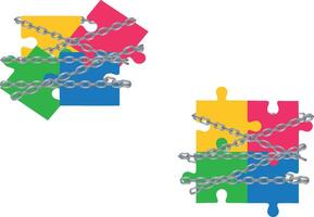 Illustration of colorful puzzle pieces locked with chains, concept for barriers in problem-solving vector