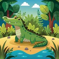 Happy crocodile relaxing near tropical river at sunset- vector