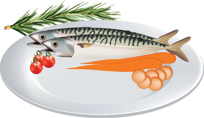Fresh fish on plate with vegetables illustration