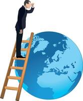Businessman standing on ladder looking for business opportunities on planet earth vector
