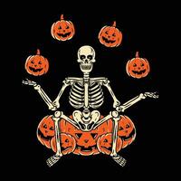 Vintage Skeleton Juggling Pumpkins Halloween Themed Illustration with Playful Creepy Character in Retro Color Scheme vector