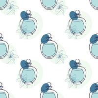 Elegant perfume bottles pattern, with lily in minimalist style featuring soft blue colors and simple line art, in boho style. vector
