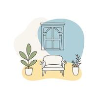 Cozy living room interior with stylish armchair and potted plants near large window in Provencal style setting, pastoral interior, simple doodle drawing with harmonious shapes on background. vector