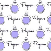 Perfume bottles pattern, with lettering, in minimalist style featuring soft purple violet colors and simple line art. For packaging. vector