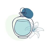 Elegant perfume bottle with floral accent in minimalist style featuring soft colors and simple line art, in boho style. vector