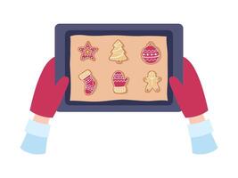 Hands in gloves hold a baking sheet with gingerbread, cookies. Christmas, New Year. Hand drawn illustration. vector