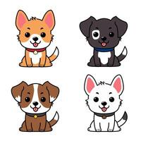 Cute cartoon illustration of four dogs in different colors brown, black, white, and mixed. Each has a happy expression. Perfect for kids products, stickers, or character design. vector