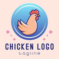 Modern and colorful chicken logo design with a circular blue background and sparkles. Features a stylized chicken illustration and customizable text area for a tagline. Suitable for branding. vector
