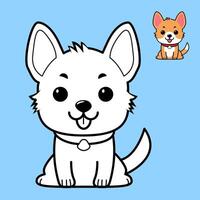 Black and white illustration of a cute cartoon dog with large ears, perfect for coloring books. Includes a smaller colored dog example in the corner for reference. Ideal for childrens activities. vector