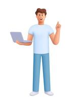 Young smiling man standing, holding and using laptop computer . Computer technology concept. 3d people character. Cartoon minimal style. vector