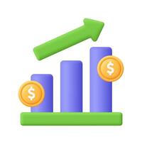 Financial growth chart with coins. Chart with bars and green rising arrow. Finance, capital and money increase concept. 3d icon. Cartoon minimal style. vector