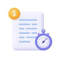 Document sheet with coin and timer. Transaction, time management, accounting and audit concept. 3d icon. Cartoon minimal style. vector