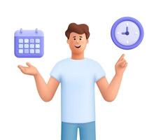 Young smiling business man pointing to calendar and clock. Time management, timing, self organization, business planning concept. 3d people character. Cartoon minimal style. vector