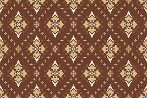 Seamless pixel art pattern in brown with beige geometric shapes, inspired by traditional tapestry. Ideal for textiles, wallpapers, backgrounds, and digital designs. vector