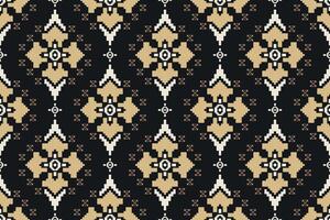 Seamless pixel art pattern with beige geometric shapes on a black background, inspired by traditional tapestry designs. Perfect for textiles, wallpapers, digital designs, and creative backgrounds. vector