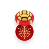 Luxury Christmas surprise golden snowflake in open red gift box top view 3d icon realistic vector