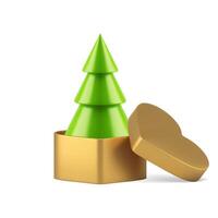 Green Christmas tree in open luxury package heart shape 3d icon realistic illustration vector