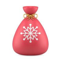 Realistic Christmas toy red sack full of presents with snowflake image and golden tissue bow vector