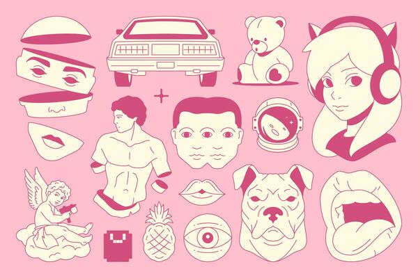 Y2k psychedelic neo gothic emo girl pink retro groovy icon set flat illustration
