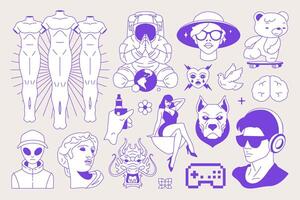 Y2k retro groovy blue ink psychedelic minimal icon set flat illustration vector