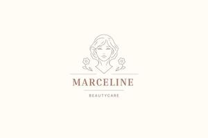 Romantic woman portrait with natural flower line art logo design template illustration vector