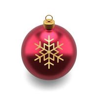 Red Christmas ball toy luxury golden snowflake and loop hanging top view 3d icon realistic vector