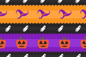 Halloween theme horizontal seamless pattern with jack o lantern, witch hat, and ghost. Halloween pattern with flat and simple design vector
