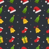 Merry Christmas seamless pattern flay design with pine tree, Santa hat, and bell perfect for wrapping paper and wallpaper vector