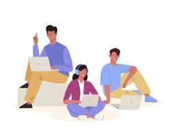 Young smiling people sitting in difference pose on square block or on the floor using laptop for work or study. Coworking, teamwork, freelance, online education concept. Cartoon flat design vector