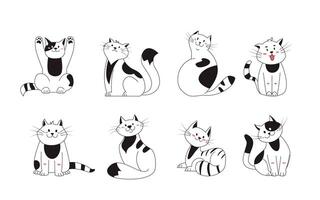 Cute smile cats set. Funny purebred kittens sitting in different poses. Pet animals set hand drawn with contour lines on white isolated background vector