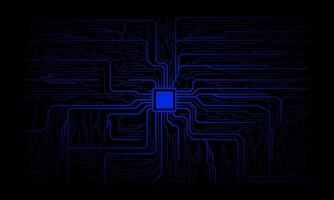 Circuit board elements in blue on technology dark background, AI concept banner or presentation vector
